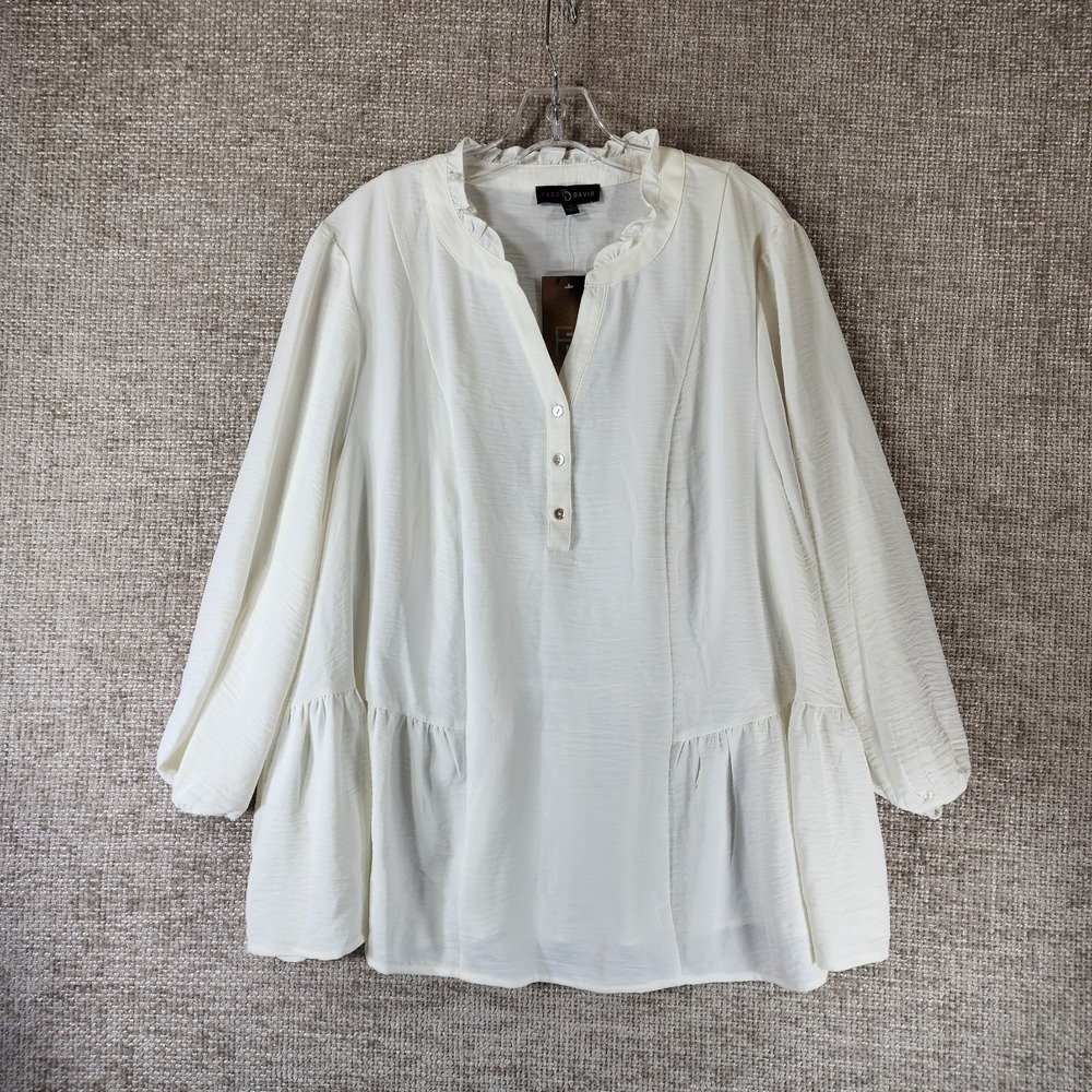 Fred David 1/2 Button Popover Blouse Womens 3X Ivory Peplum Ruffle Collar NWI